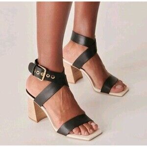 DOLCE VITA Paytin Sandals Womens 7.5 Black White Ankle Strap Square Toe Heels